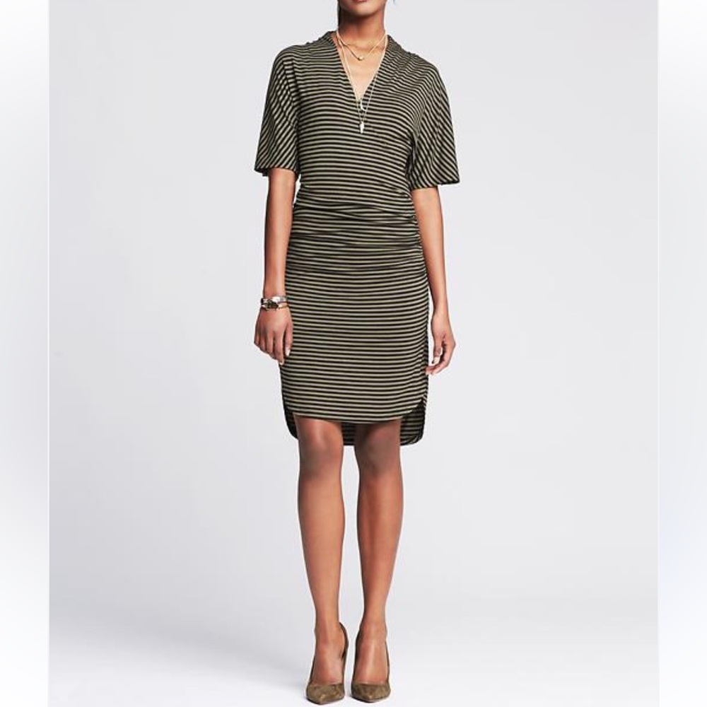 Banana Republic Olive Green Black Stripe Jersey Knit Surplice Shirred Dress - Picture 2 of 9